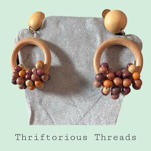 Vintage Wooden Beaded Clip On Earrings